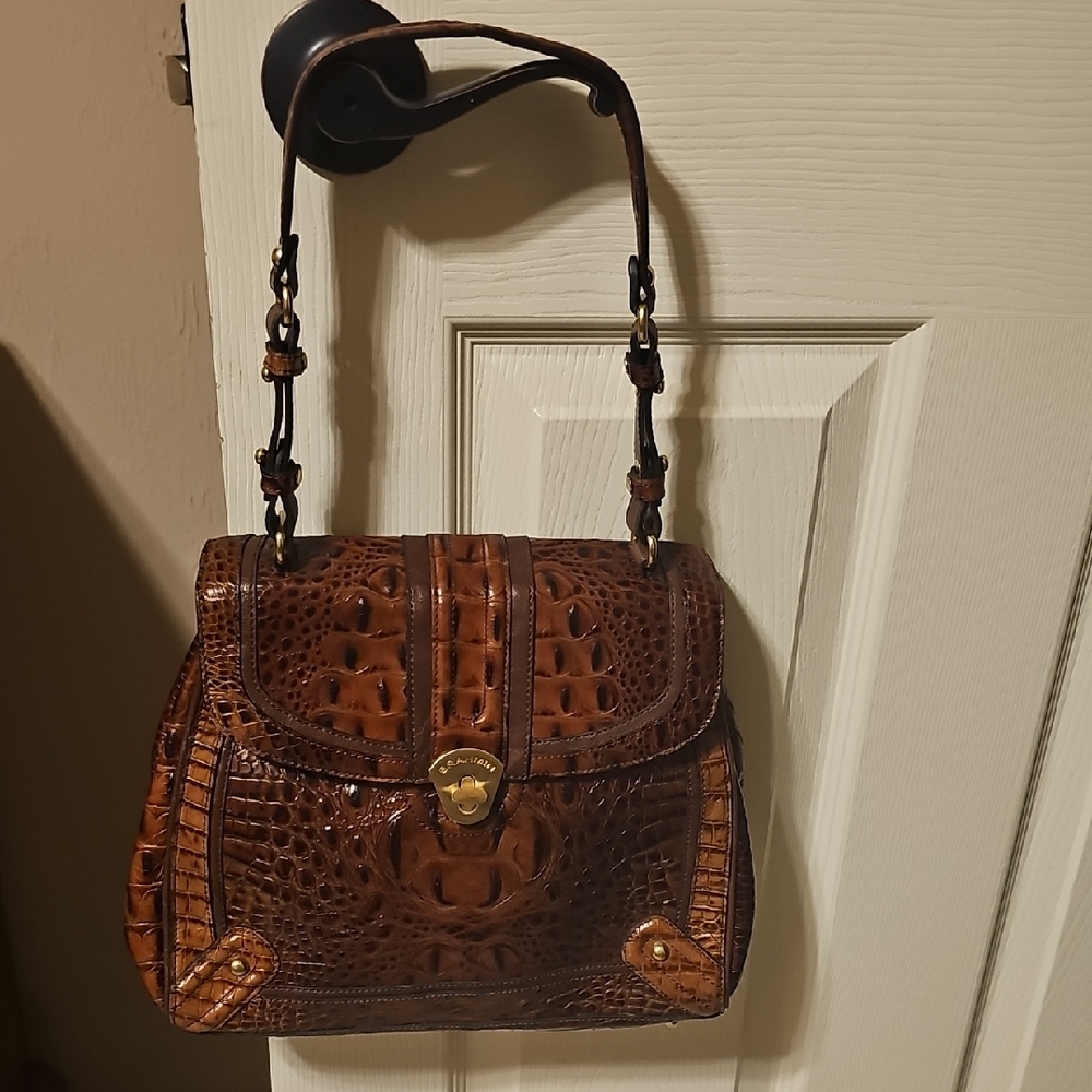 Brown Crocodile Embossed Shoulder Bag with Gold Clasp